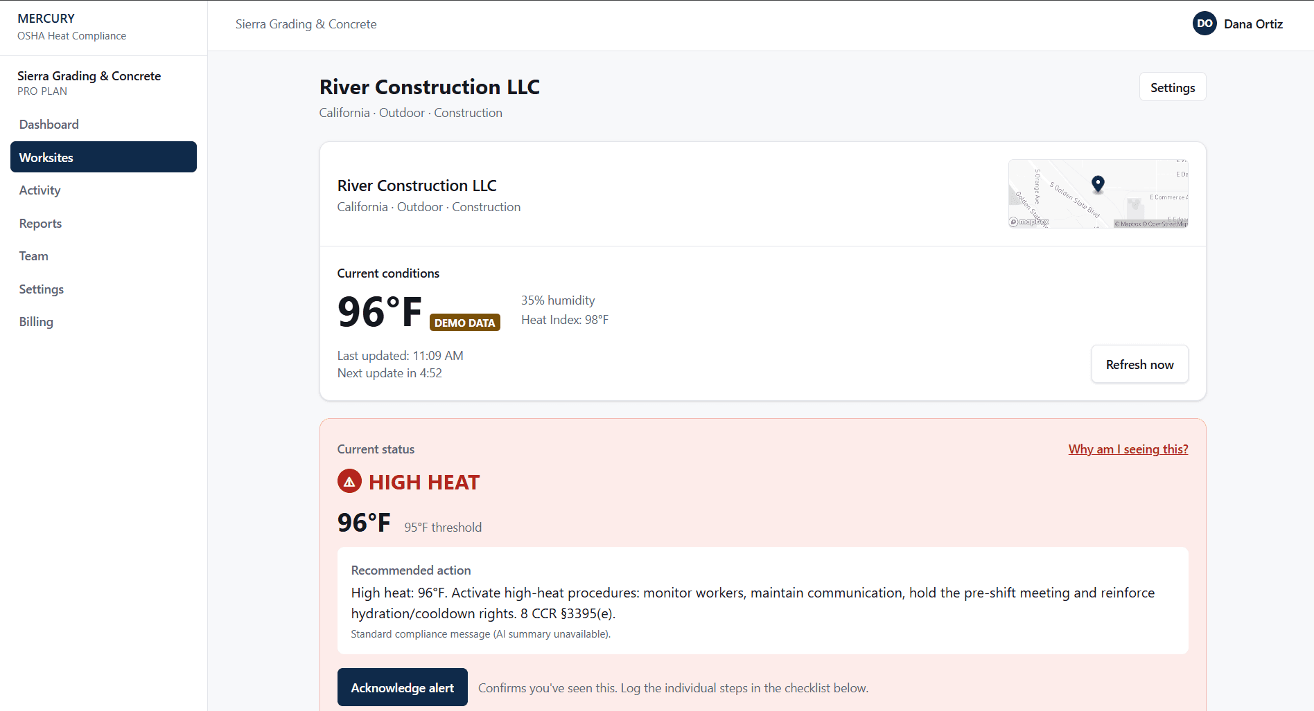 Mercury worksite monitoring with a location map, demo conditions, high-heat status and standard recommended action while the AI summary is unavailable