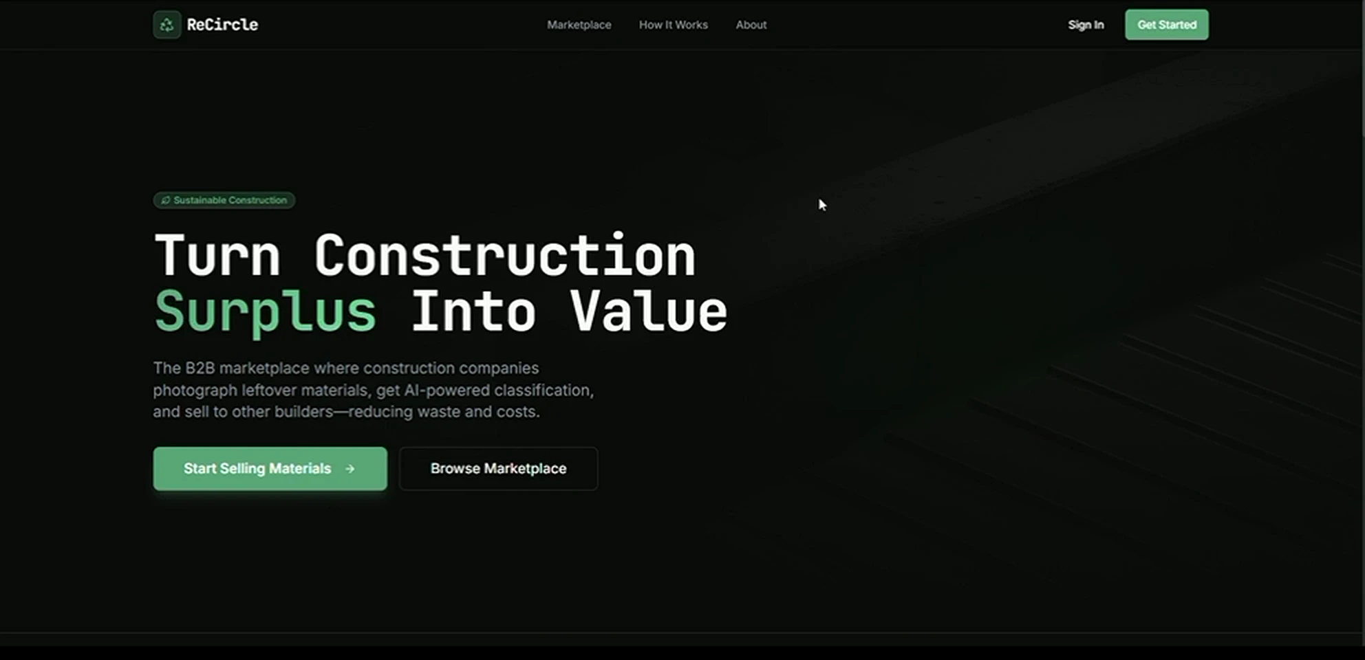 ReCircle circular materials marketplace overview captured from the working prototype